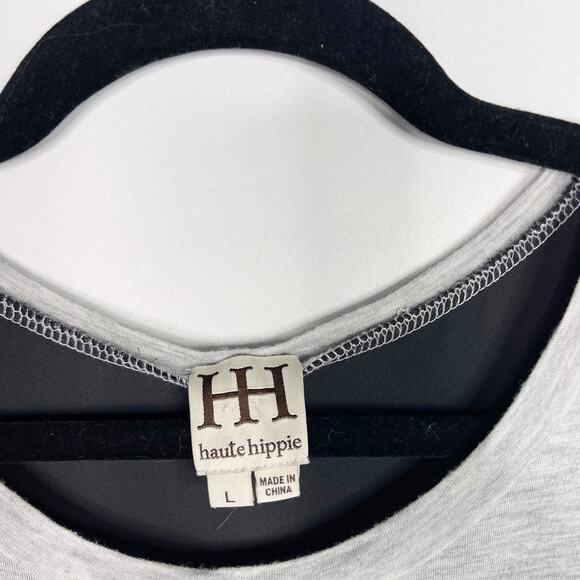 Haute Hippie Large L Mixed Media Tank Top Gray Sheer Black Back Modal Crew Neck - Picture 6 of 10